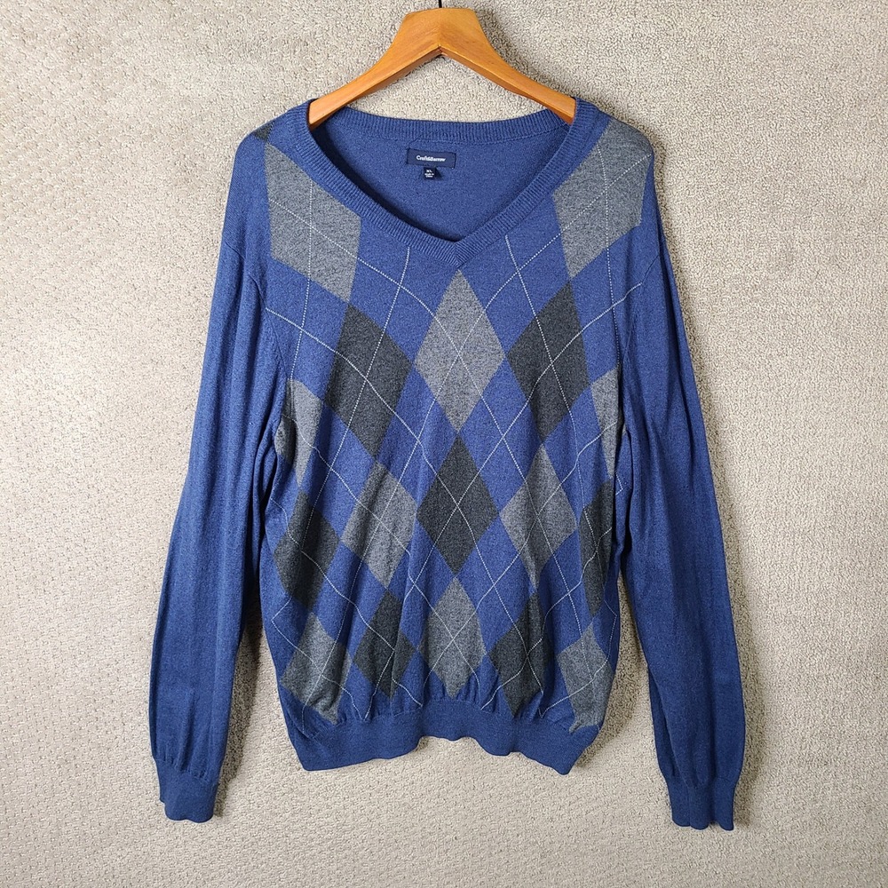 Croft &‎ Barrow Sweater Mens XL Blue Gray Argyle V Neck Long Sleeve Cotton Blend
